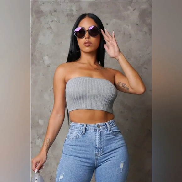 Divine Crop Top - Grey Knit Ruched Womenswear Cropped Nylon Ribbed Tube - Picture 1 of 2